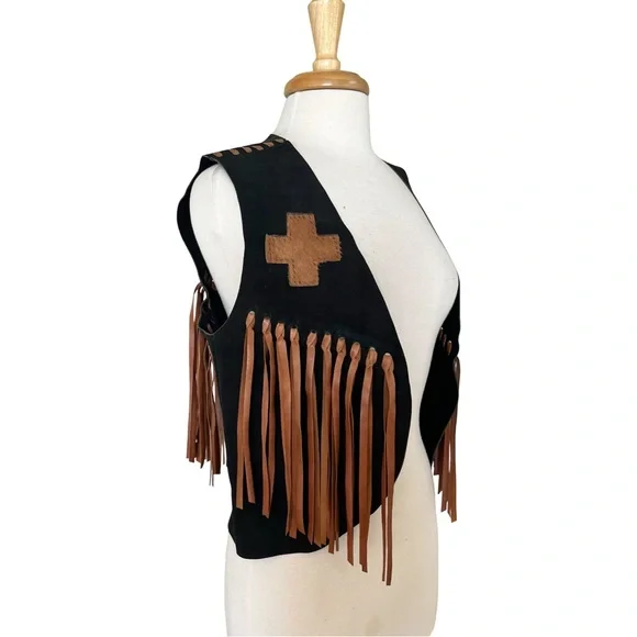 Leather Fringe Suede Vest with Cowhide Navajo Cross Appliqués Black & Chestnut - Picture 4 of 5